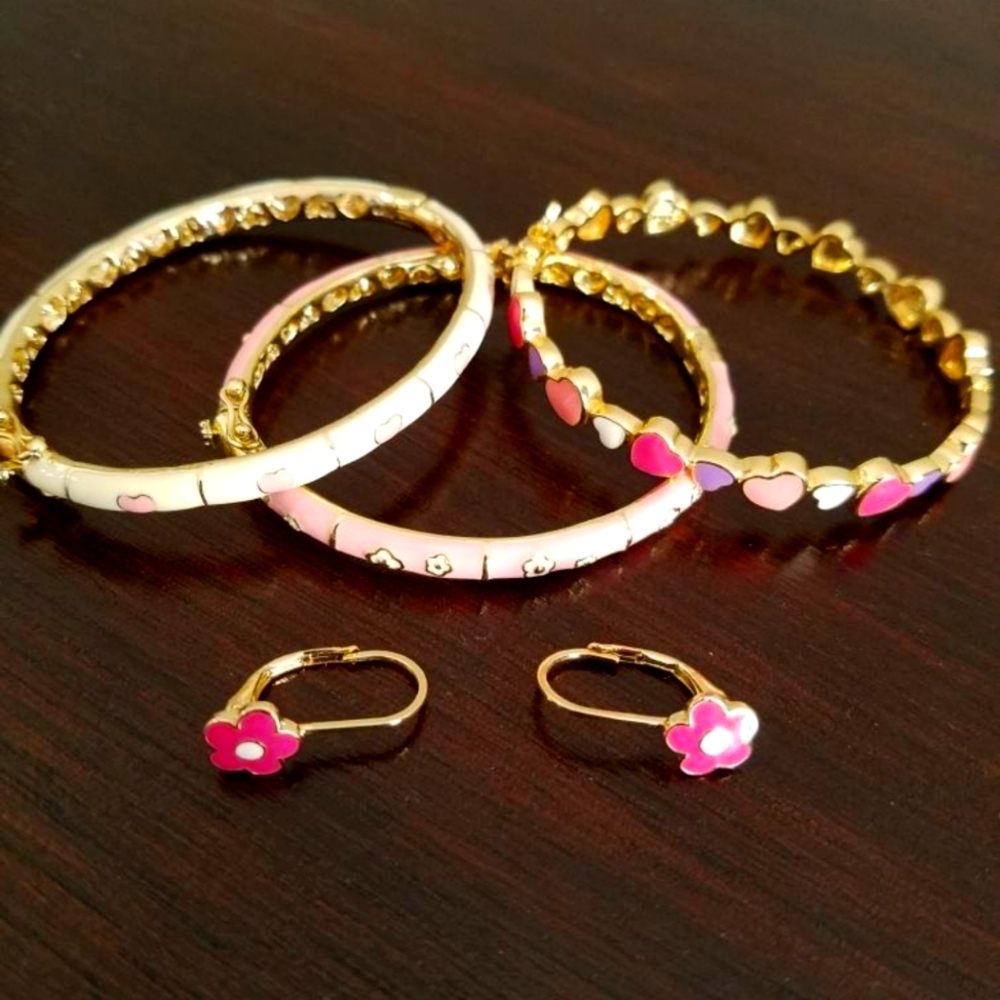 3 Little girls LMTS 14k Enamel Flower, Hearts, multi colored hearts Bangel